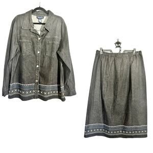 Denim & Co Vintage Size 1X Denim Jacket & Skirt Set Southwestern Embroidery